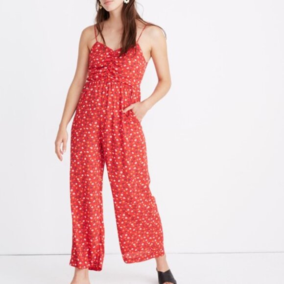 Madewell Ruched Wide-Leg Jumpsuit in Prairie Posies Red Milkmaid Cottagecore 24 - Picture 1 of 16